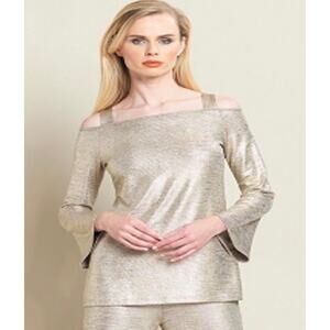 Clara Sunwoo Lamé Open Shoulder Bell Sleeve Top. Size Small